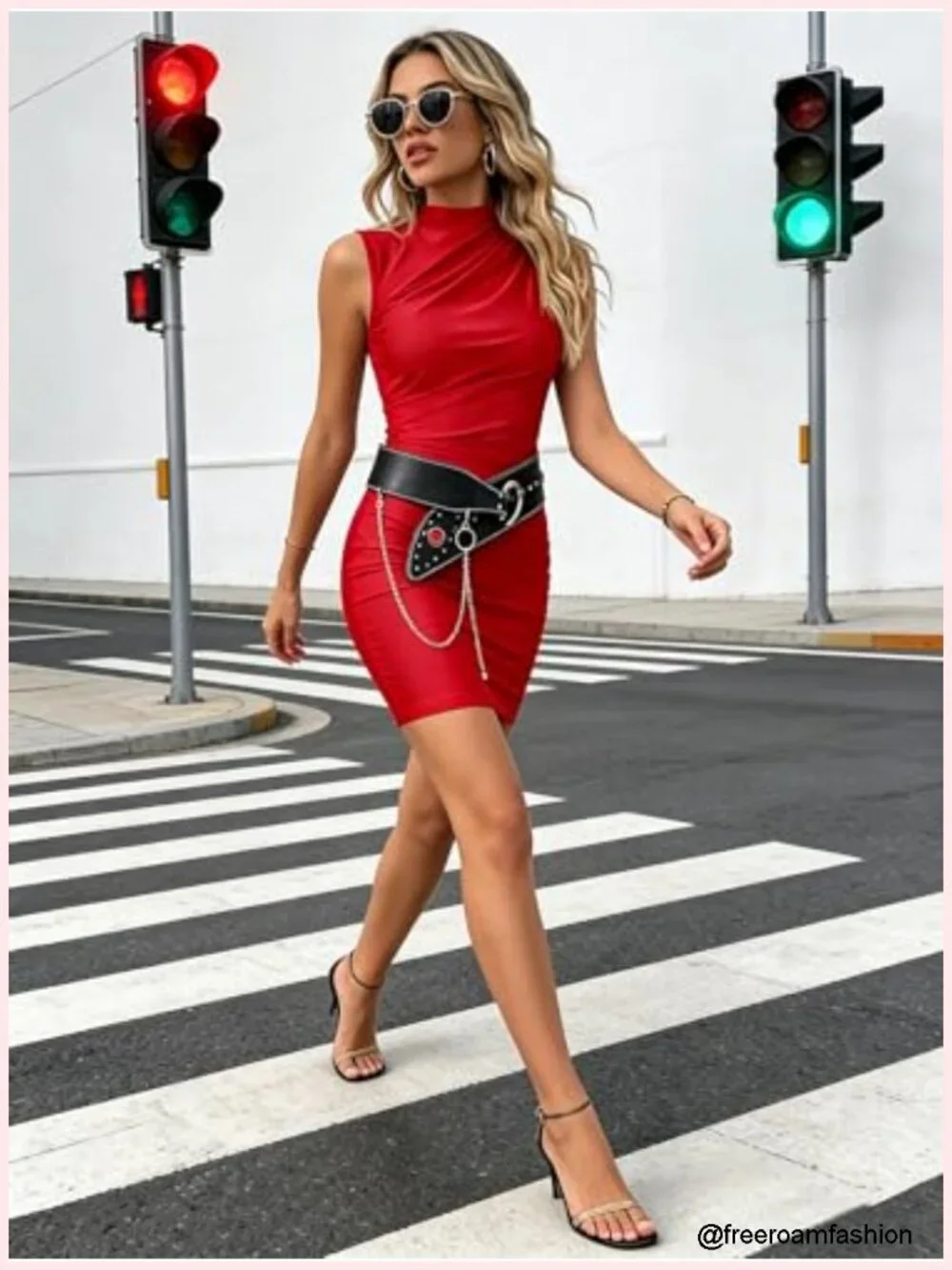 Wide PU Leather Belt with Rhinestone Studs and Interlocking Buckle